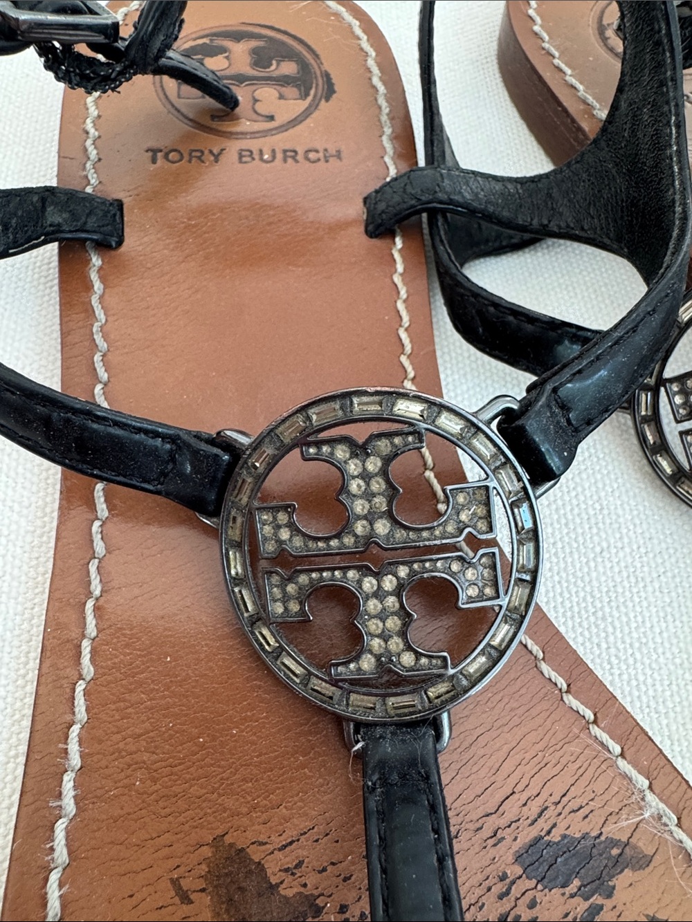 Tory Burch Violet Thong Sandals black leather rhinestone logo medallion detail 8
